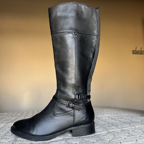 Easy Spirit Seleigh Black Leather Riding Boots Side Zip Low Heel Women’s 9.5 - Picture 1 of 16